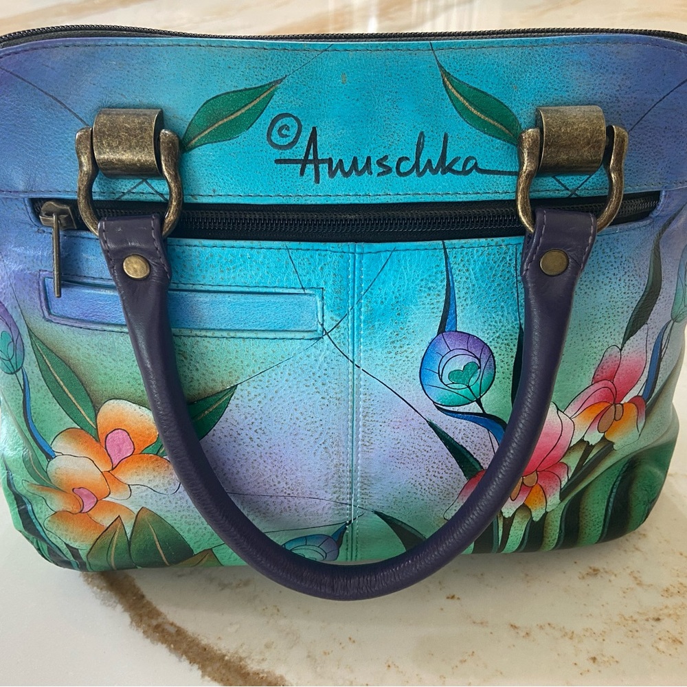 Anuschka Blue and Purple Floral Shoulder Bag